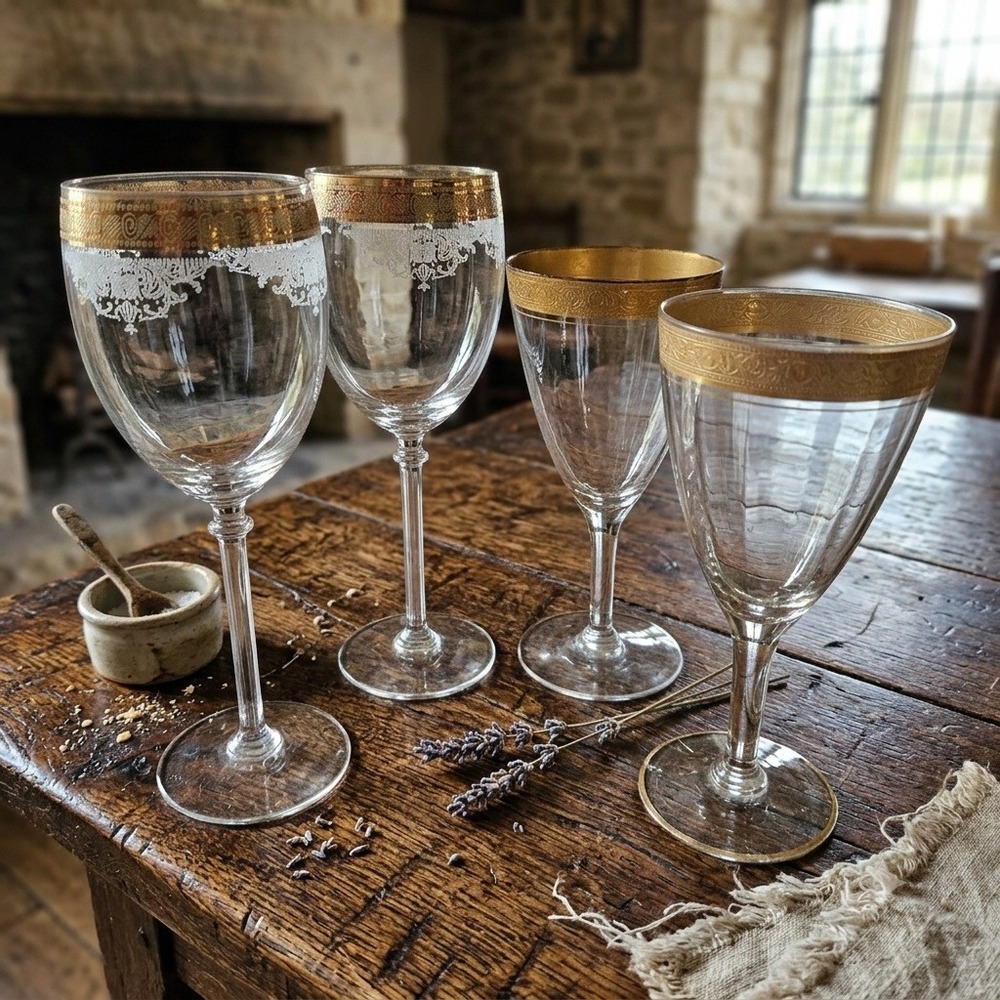 Vintage Gold Rimmed Wine Glasses Etched Crystal Goblets 4